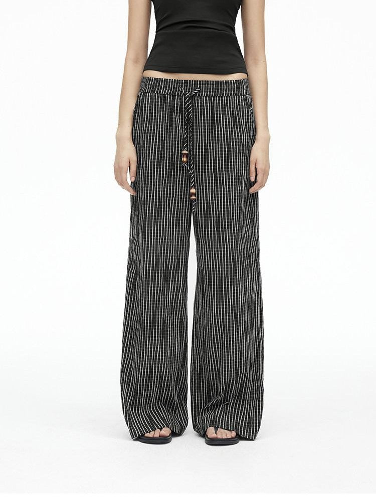 AFTADAWN Vertical Check Textured Beaded Drawstring Women&