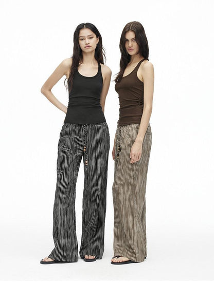 AFTADAWN Vertical Check Textured Beaded Drawstring Women&