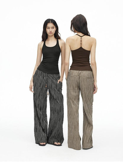 AFTADAWN Vertical Check Textured Beaded Drawstring Women&