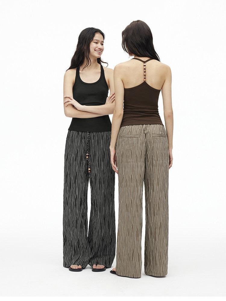 AFTADAWN Vertical Check Textured Beaded Drawstring Women&