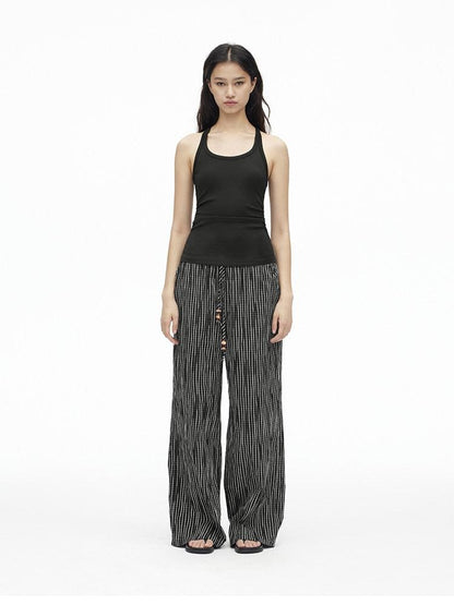AFTADAWN Vertical Check Textured Beaded Drawstring Women&