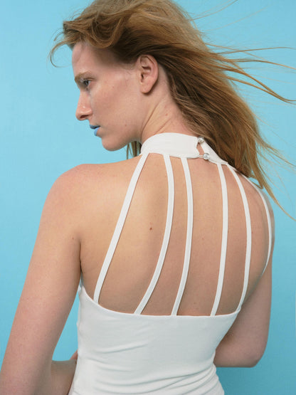 AFTADAWN Vertical Cutout Open Back Stand Collar Women&
