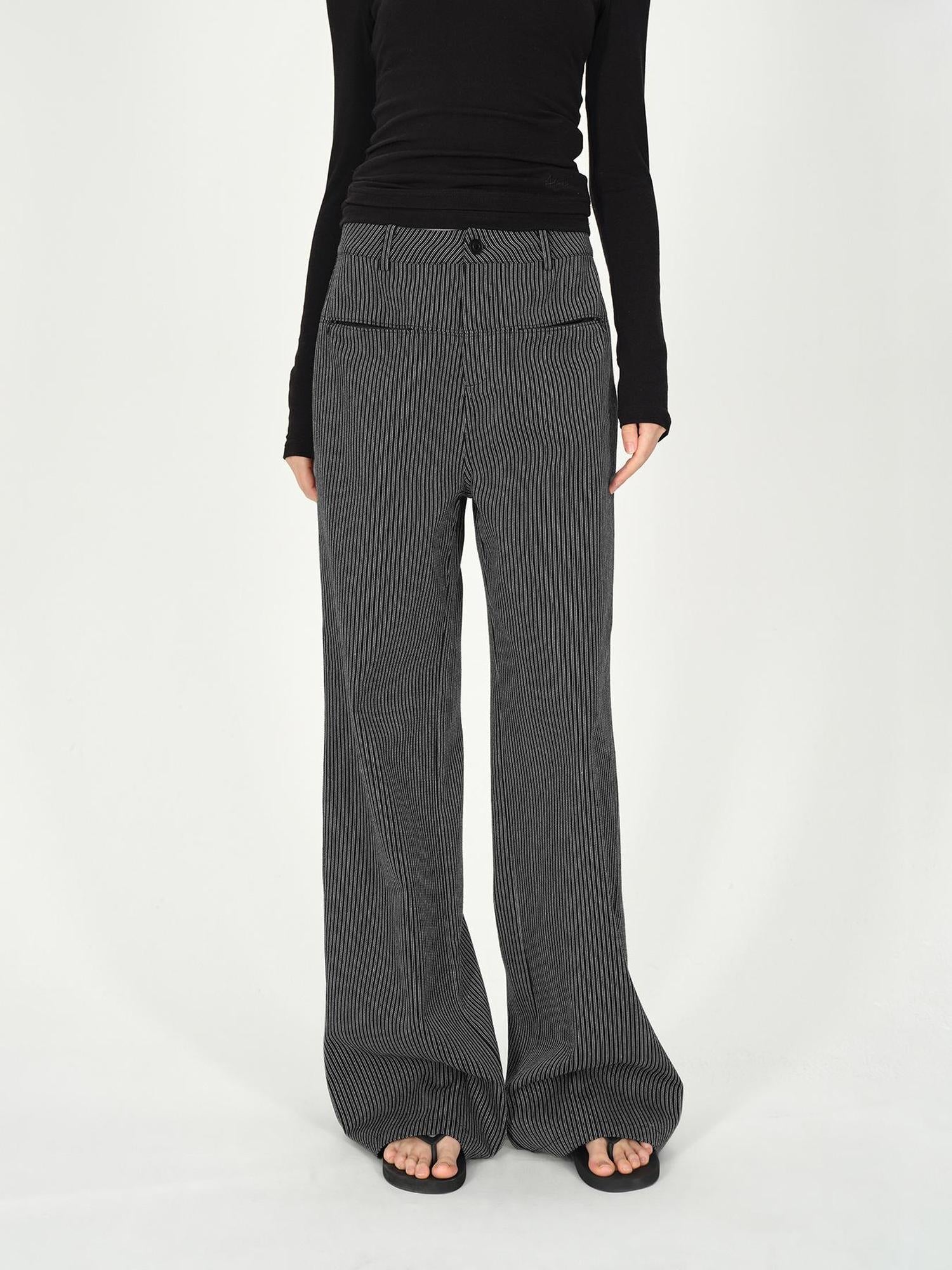 AFTADAWN Vertical Stripe Cotton Wide Leg Trousers