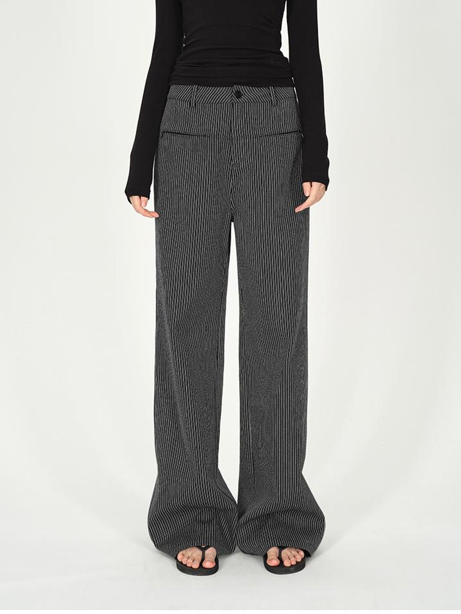 AFTADAWN Vertical Stripe Cotton Wide Leg Trousers