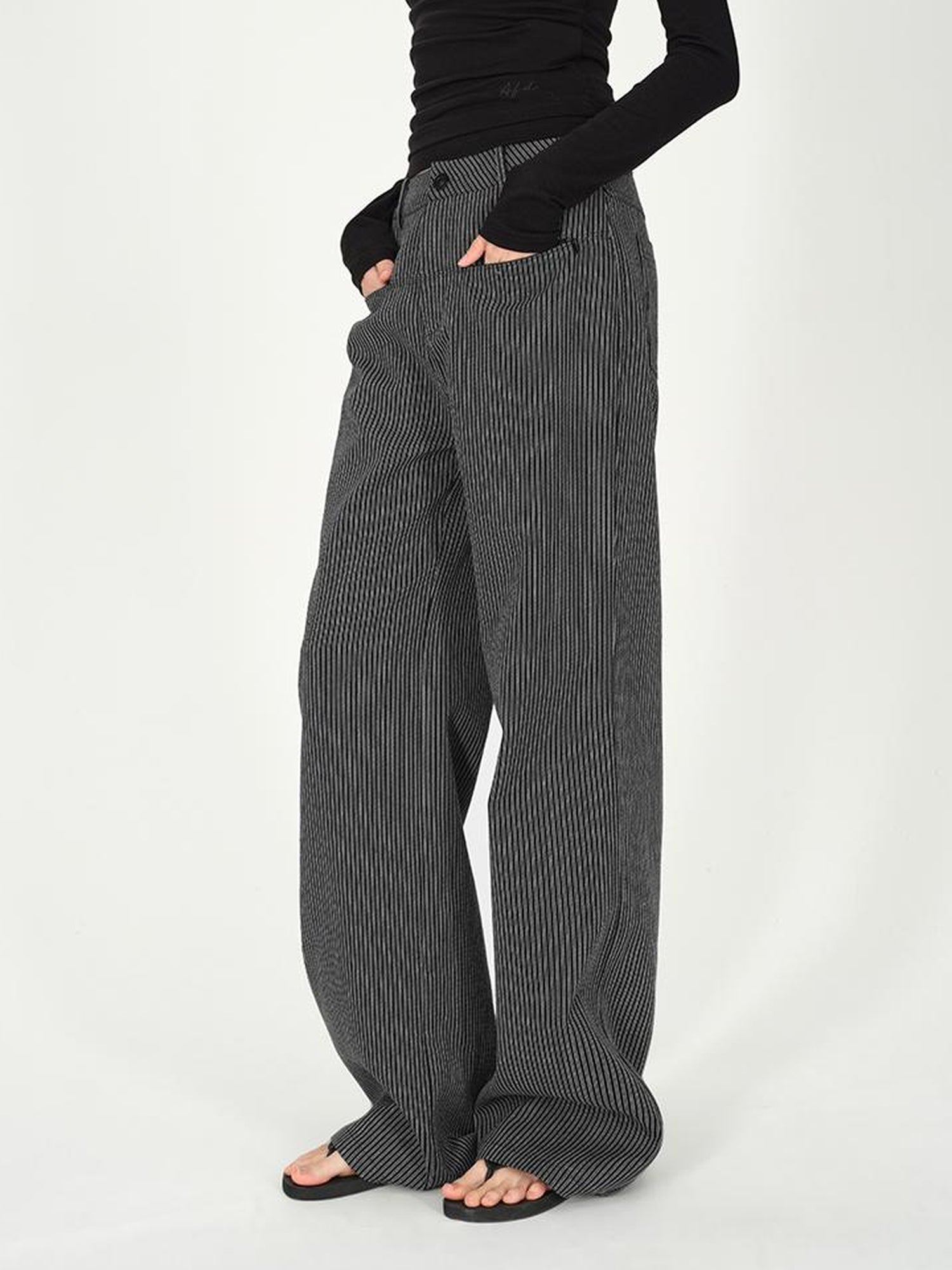 AFTADAWN Vertical Stripe Cotton Wide Leg Trousers