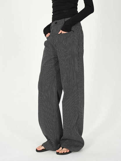 AFTADAWN Vertical Stripe Cotton Wide Leg Trousers
