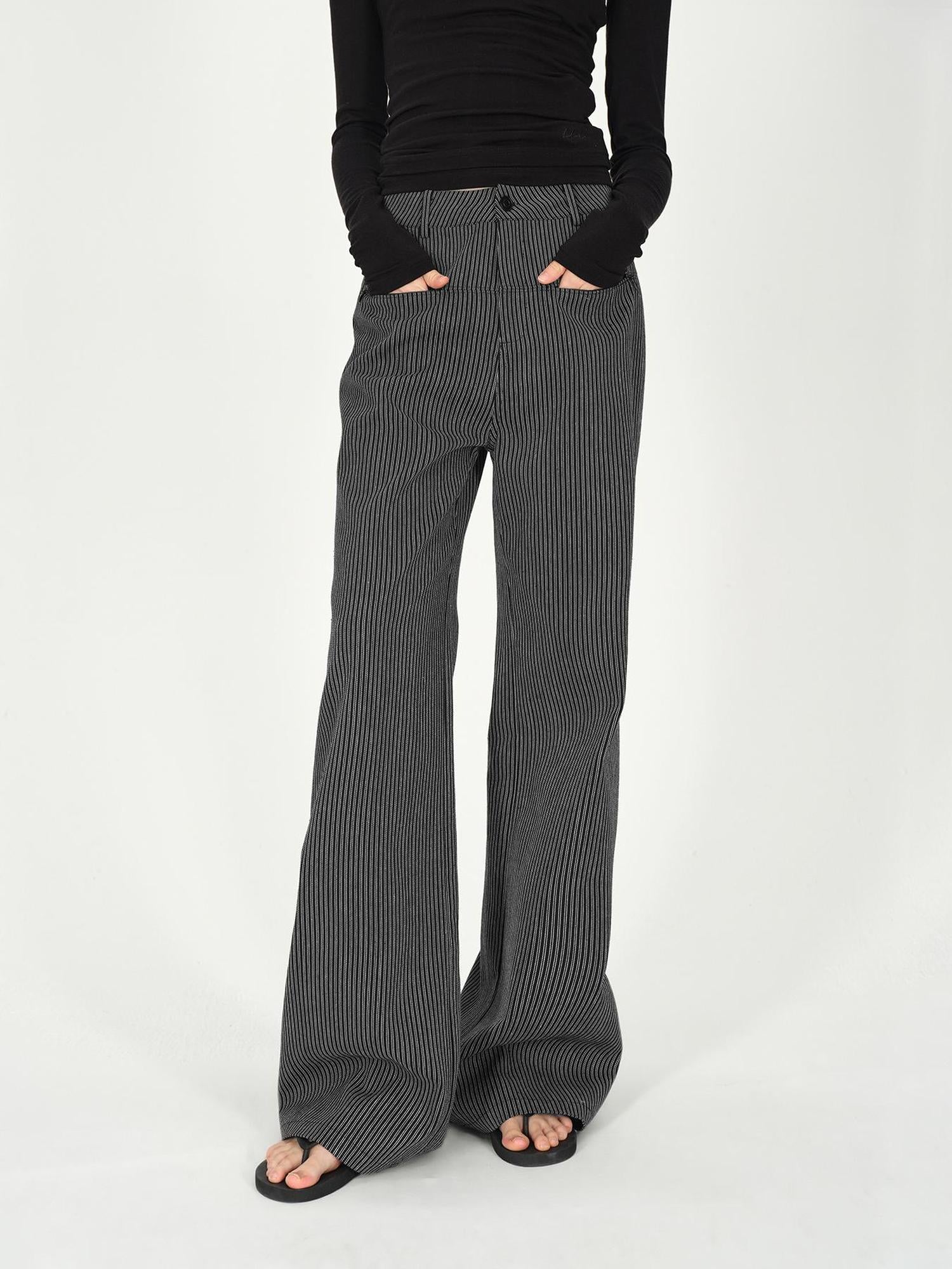 AFTADAWN Vertical Stripe Cotton Wide Leg Trousers