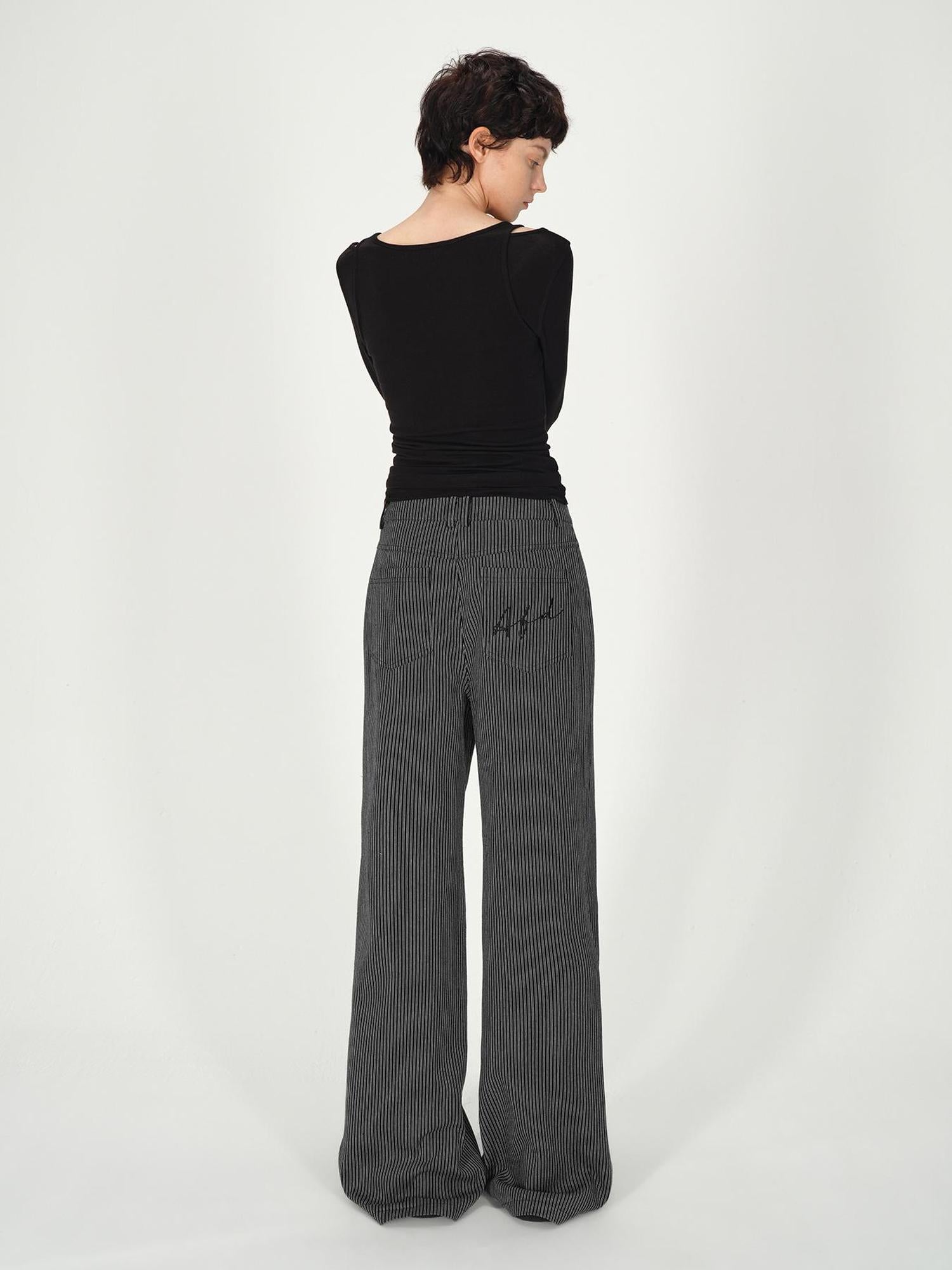 AFTADAWN Vertical Stripe Cotton Wide Leg Trousers