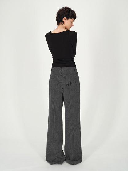 AFTADAWN Vertical Stripe Cotton Wide Leg Trousers