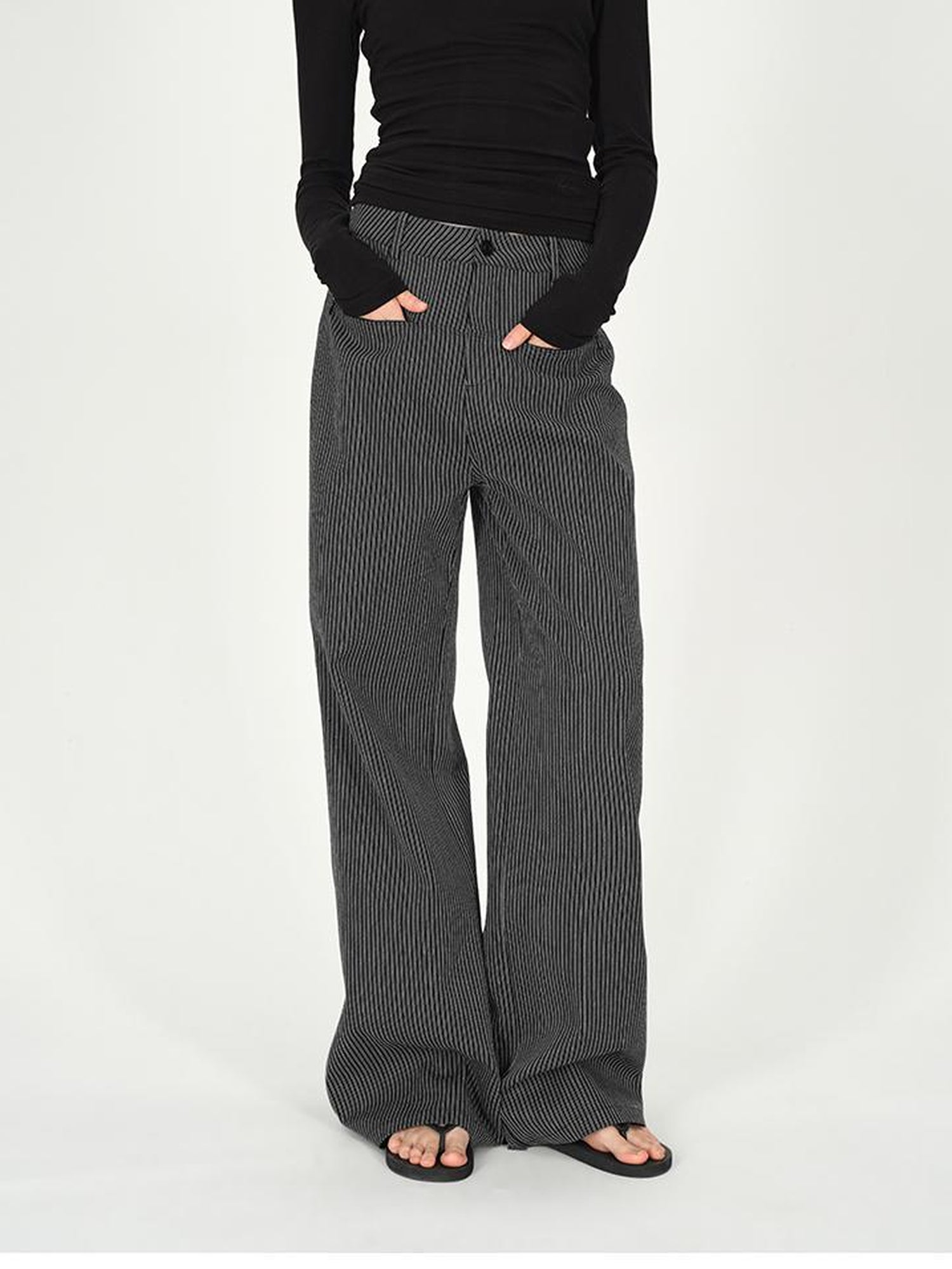 AFTADAWN Vertical Stripe Cotton Wide Leg Trousers