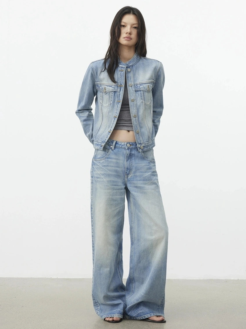 AFTADAWN Vintage Blue Washed Cropped Denim Jacket Jacket