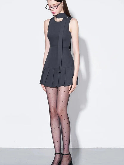 AFTADAWN Vintage Bow Pleated Waistcoat Dress Dresses