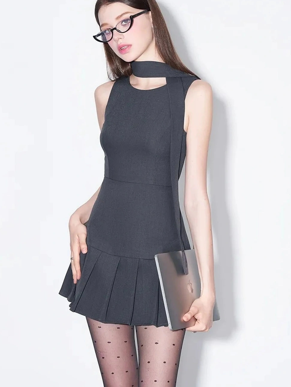 AFTADAWN Vintage Bow Pleated Waistcoat Dress Dresses