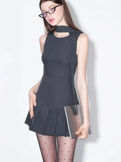 AFTADAWN Vintage Bow Pleated Waistcoat Dress Dresses