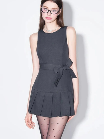 AFTADAWN Vintage Bow Pleated Waistcoat Dress Dresses