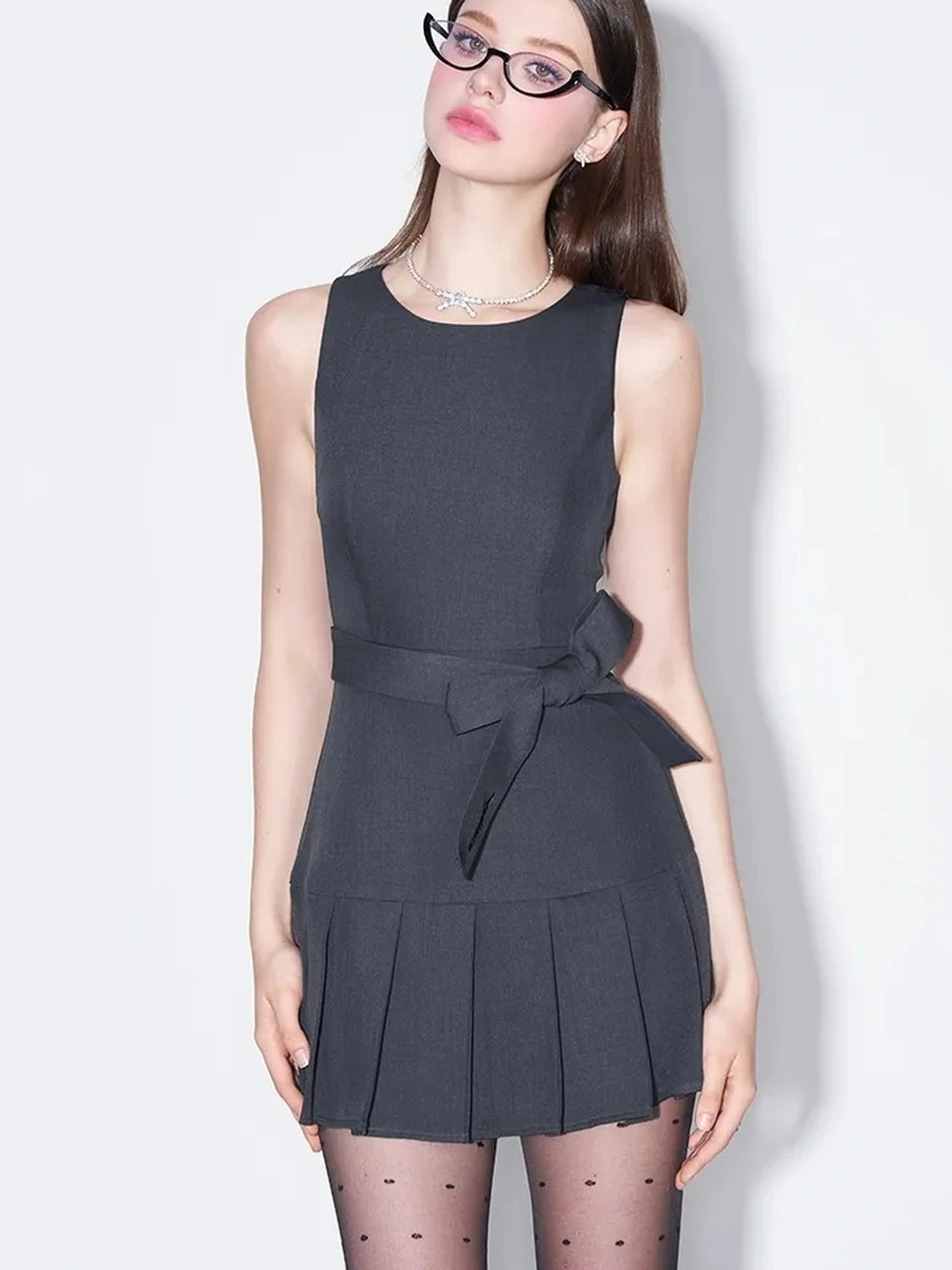 AFTADAWN Vintage Bow Pleated Waistcoat Dress Dresses