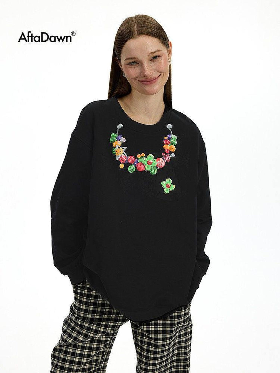 AFTADAWN Vintage Colorful Necklace Print Drop Shoulder Women&