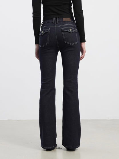 AFTADAWN Vintage Deep Indigo Slim Stretch Pocket Button Fly Women&