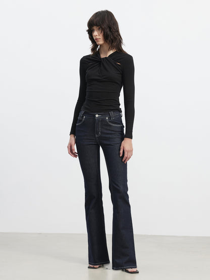 AFTADAWN Vintage Deep Indigo Slim Stretch Pocket Button Fly Women&