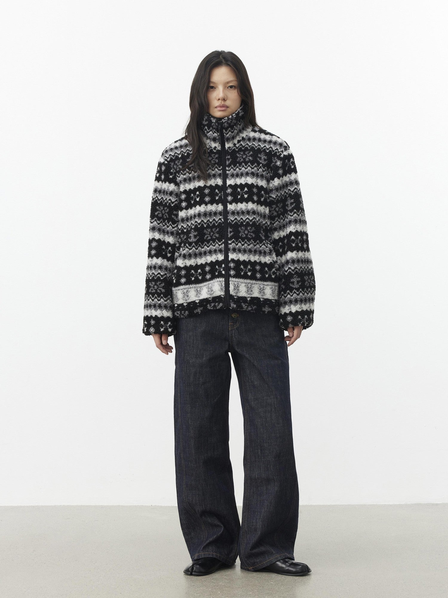 AFTADAWN Vintage Fair Isle Jacquard Texture Stand Collar Women&