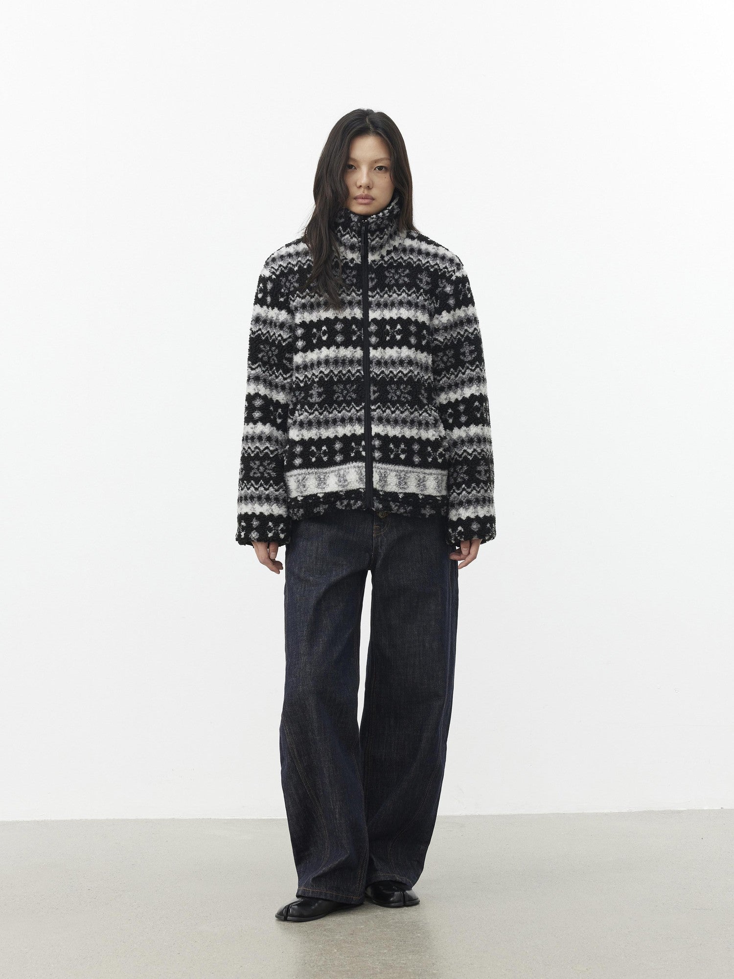 AFTADAWN Vintage Fair Isle Jacquard Texture Stand Collar Women&