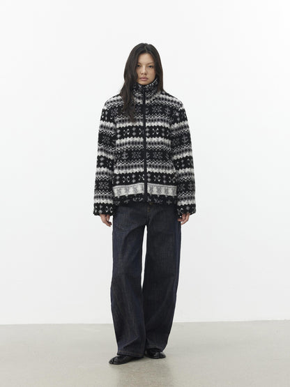 AFTADAWN Vintage Fair Isle Jacquard Texture Stand Collar Women&