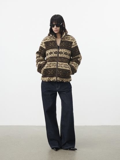 AFTADAWN Vintage Fair Isle Jacquard Texture Stand Collar Women&