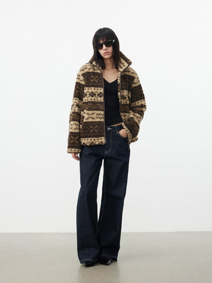 AFTADAWN Vintage Fair Isle Jacquard Texture Stand Collar Women&