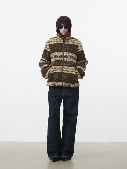 AFTADAWN Vintage Fair Isle Jacquard Texture Stand Collar Women&