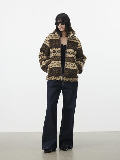 AFTADAWN Vintage Fair Isle Jacquard Texture Stand Collar Women&