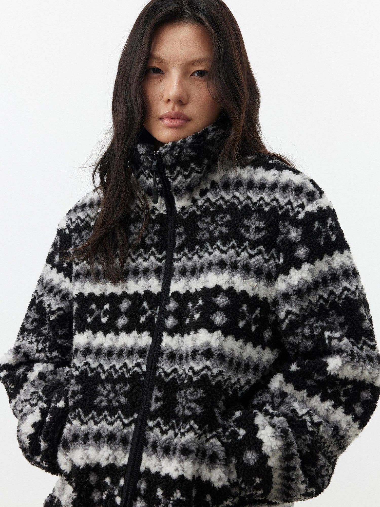 AFTADAWN Vintage Fair Isle Jacquard Texture Stand Collar Women&