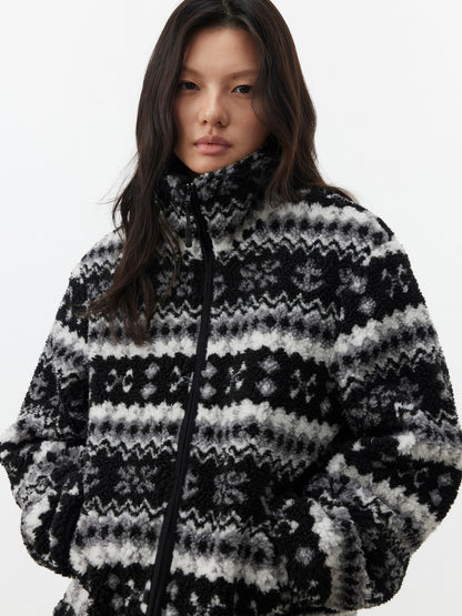 AFTADAWN Vintage Fair Isle Jacquard Texture Stand Collar Women&