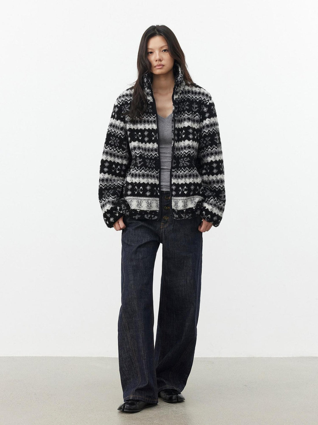 AFTADAWN Vintage Fair Isle Jacquard Texture Stand Collar Women&