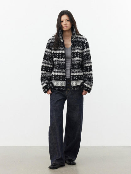 AFTADAWN Vintage Fair Isle Jacquard Texture Stand Collar Women&