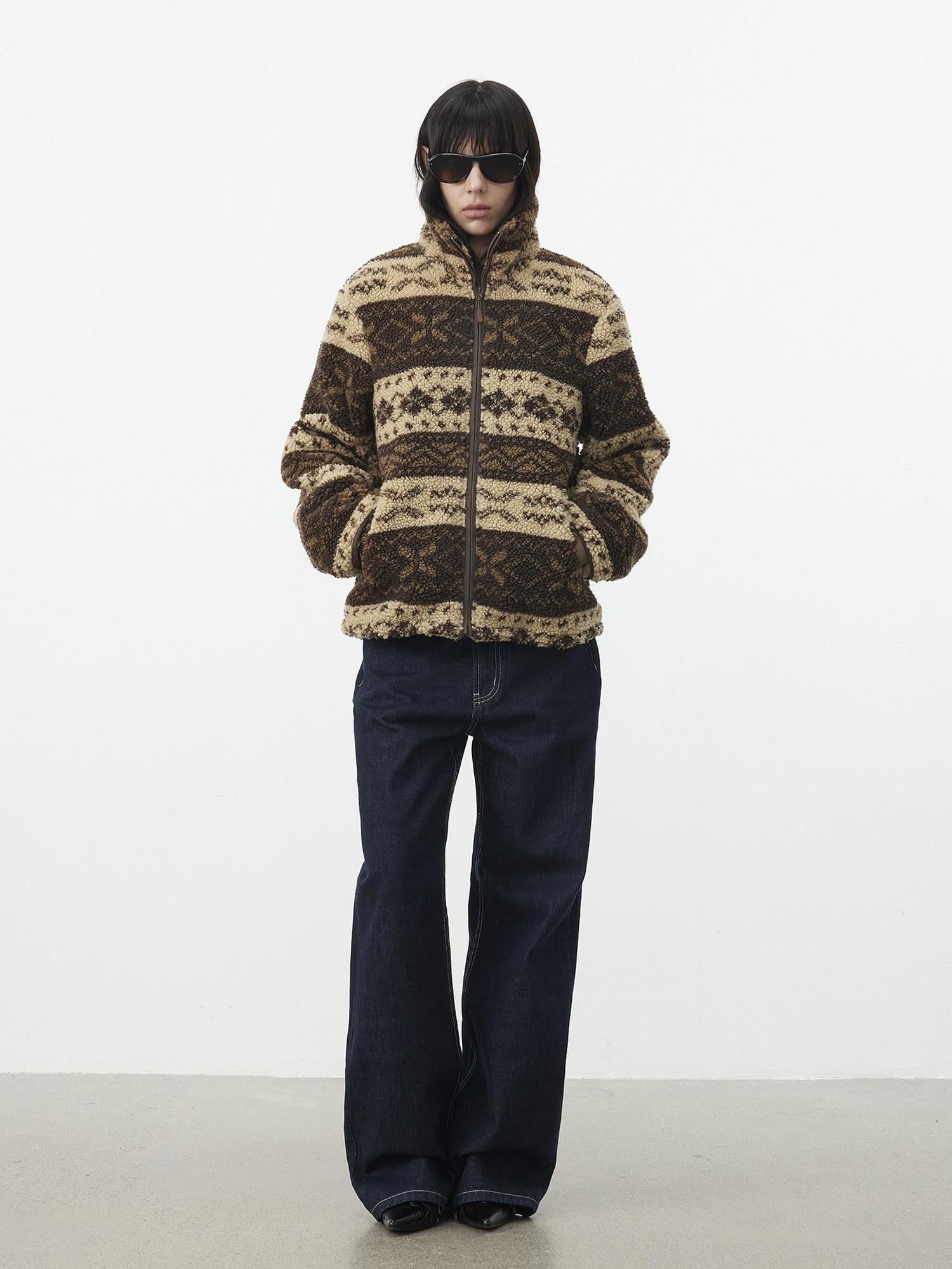 AFTADAWN Vintage Fair Isle Jacquard Texture Stand Collar Women&