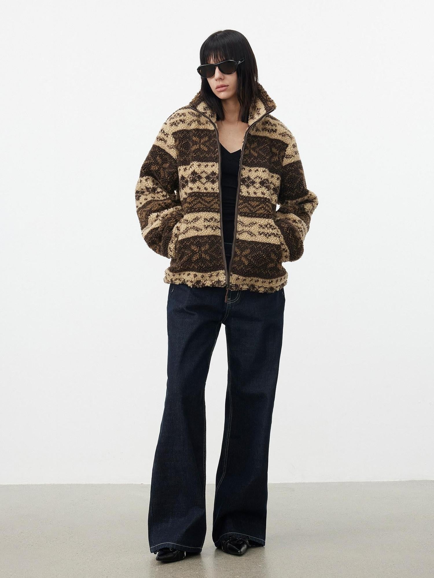 AFTADAWN Vintage Fair Isle Jacquard Texture Stand Collar Women&