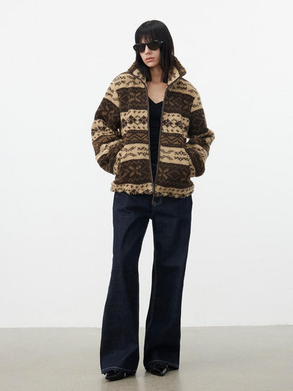 AFTADAWN Vintage Fair Isle Jacquard Texture Stand Collar Women&