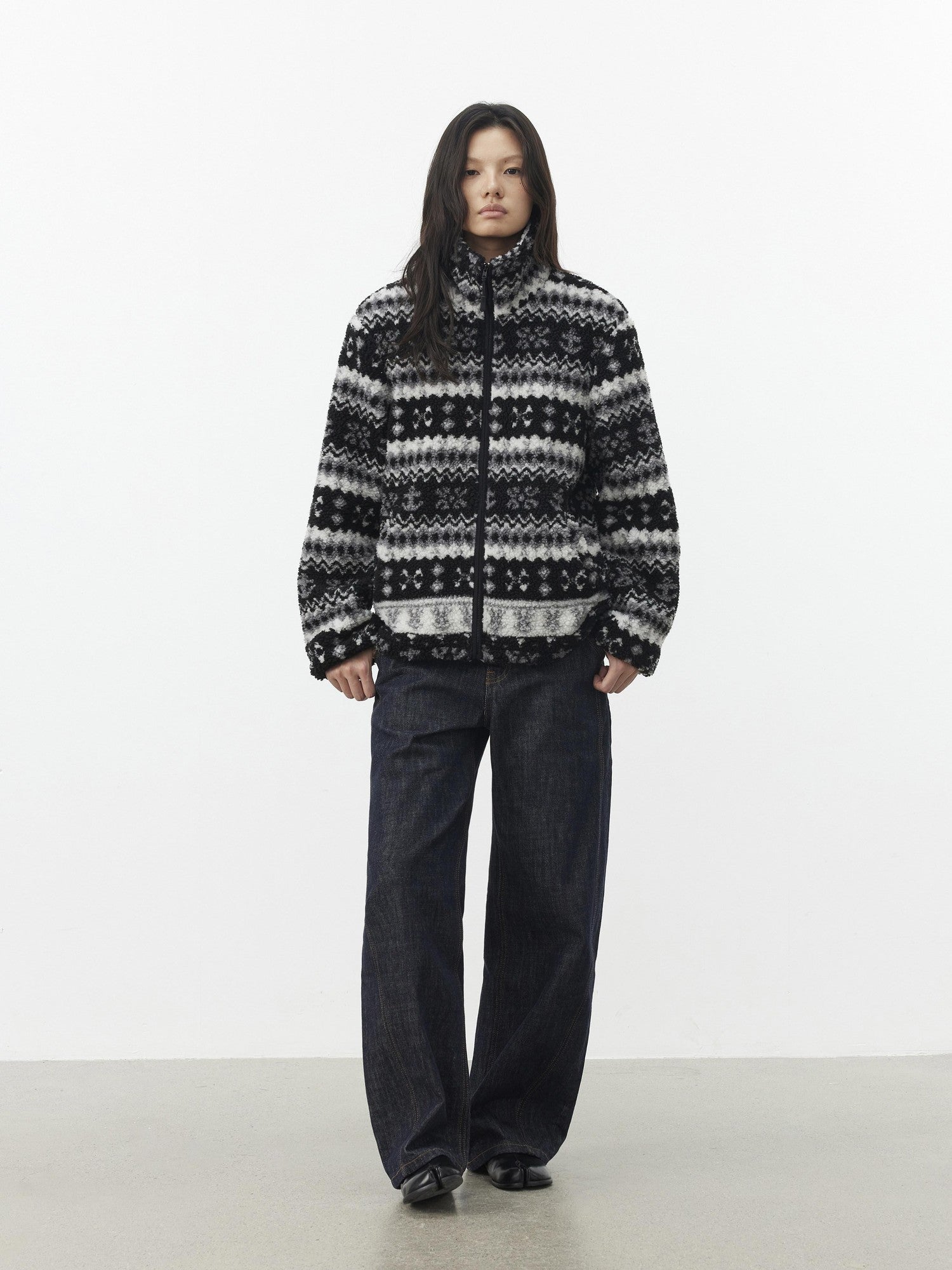 AFTADAWN Vintage Fair Isle Jacquard Texture Stand Collar Women&