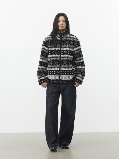 AFTADAWN Vintage Fair Isle Jacquard Texture Stand Collar Women&