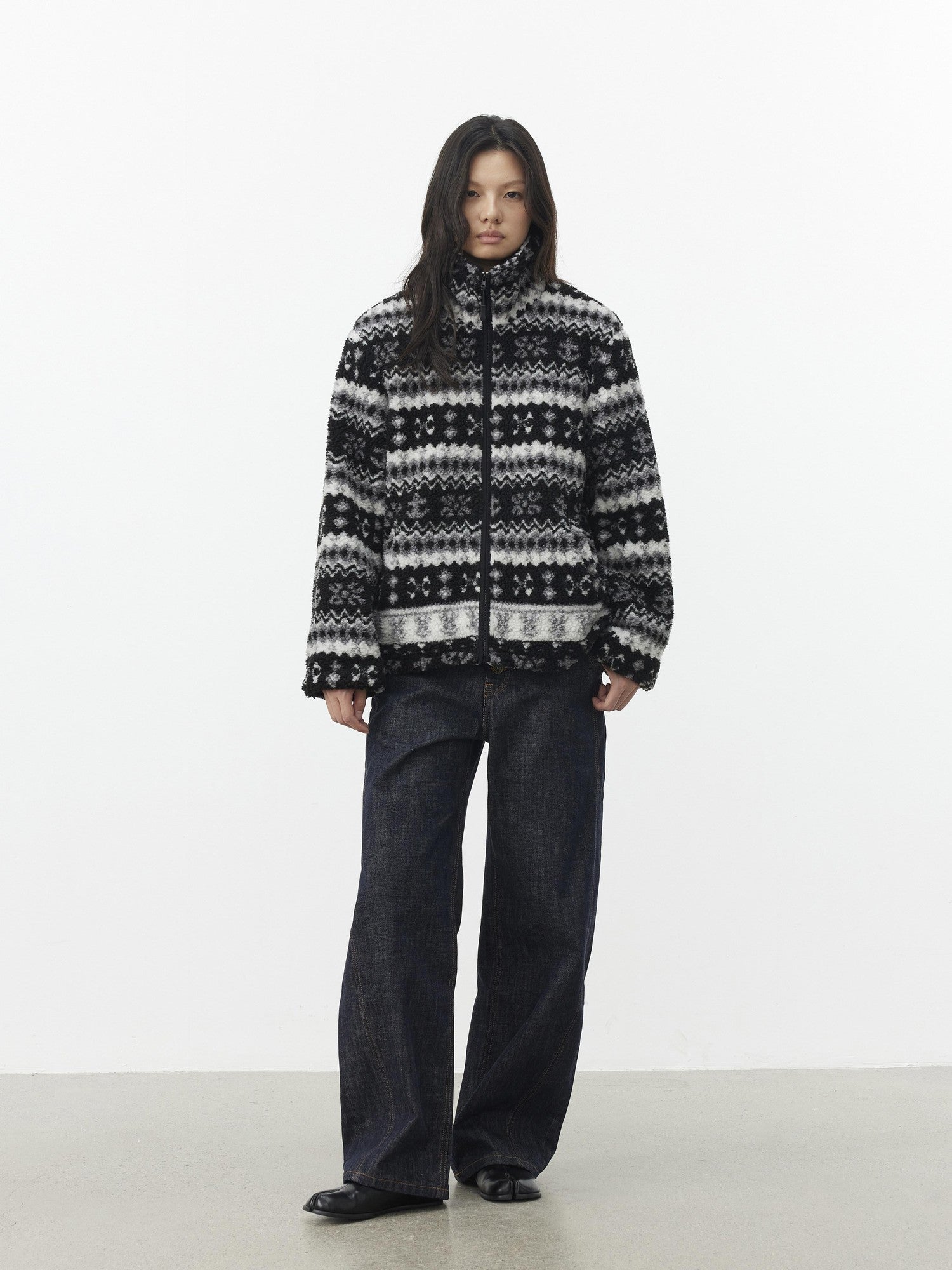 AFTADAWN Vintage Fair Isle Jacquard Texture Stand Collar Women&