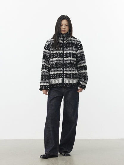 AFTADAWN Vintage Fair Isle Jacquard Texture Stand Collar Women&