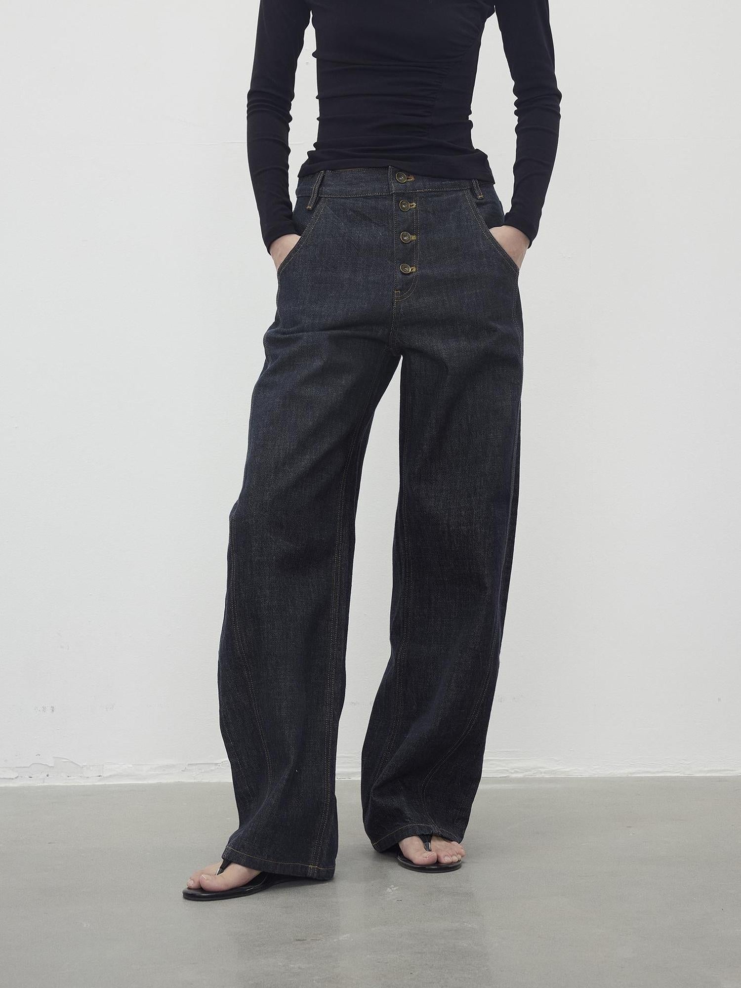 AFTADAWN Vintage Indigo Denim Wide Leg Jeans With Contrast Stitching