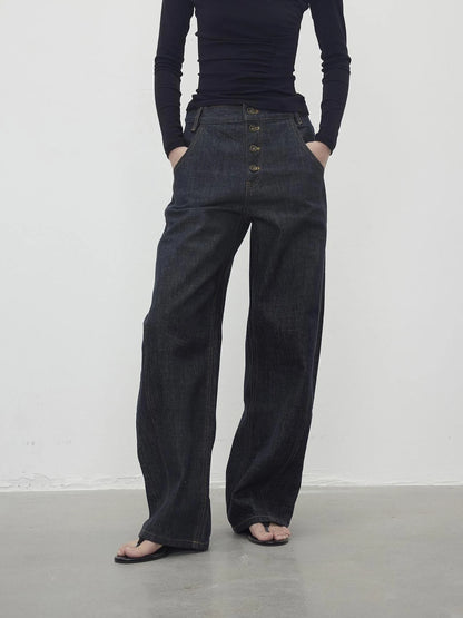 Vintage Indigo Denim Wide Leg Jeans With Contrast Stitching