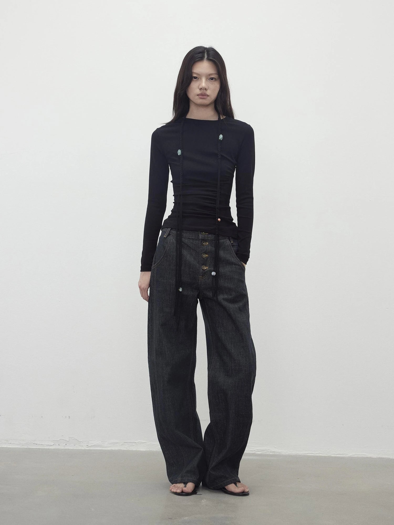 Vintage Indigo Denim Wide Leg Jeans With Contrast Stitching