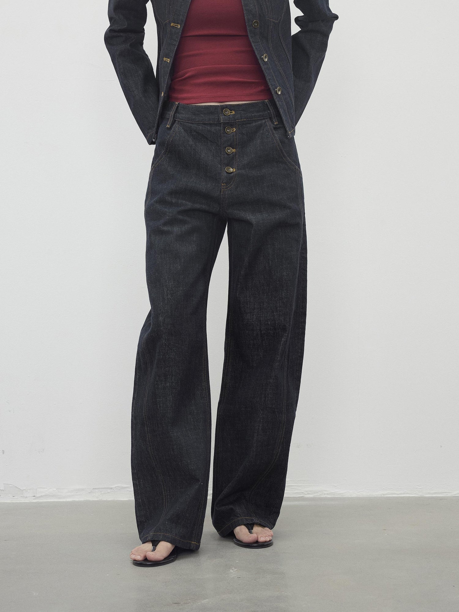 AFTADAWN Vintage Indigo Denim Wide Leg Jeans With Contrast Stitching