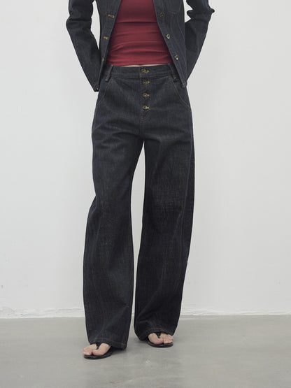 AFTADAWN Vintage Indigo Denim Wide Leg Jeans With Contrast Stitching