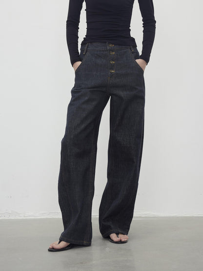 AFTADAWN Vintage Indigo Denim Wide Leg Jeans With Contrast Stitching