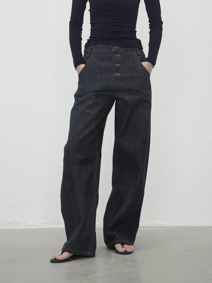 Vintage Indigo Denim Wide Leg Jeans With Contrast Stitching