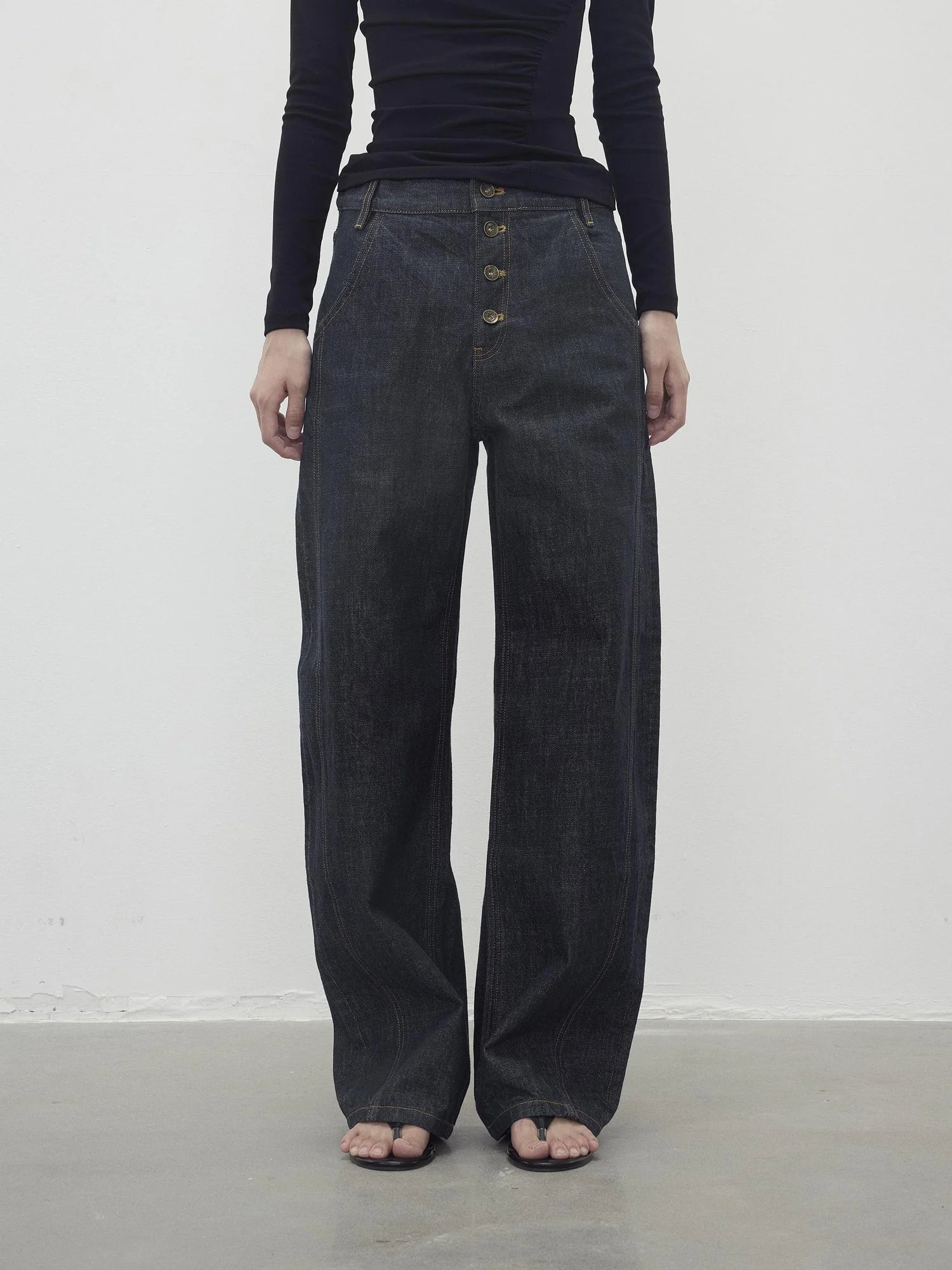 Vintage Indigo Denim Wide Leg Jeans With Contrast Stitching