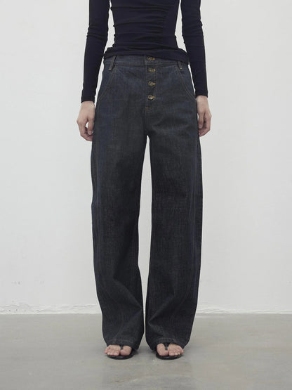 Vintage Indigo Denim Wide Leg Jeans With Contrast Stitching